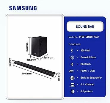 Musiqi mərkəzləri: Orginal Samsung 5.1 Soundbar HW-Q60T Bluetooth USB Optik Ev kinoteatrı — 2