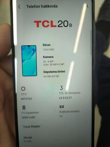 prosesor: TCL 20B smartfon Xüsusiyyətlər: - Ekran: 720×1600 piksel, damla-notch — 2