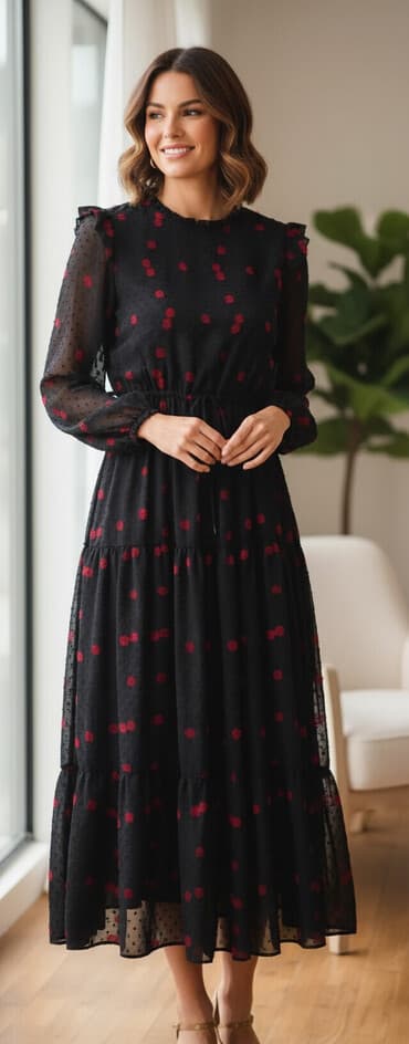 Qara fonda qırmızı çiçəkli uzun paltar - Model: maxi uzunluqda, bel