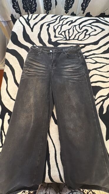 cins şalvarlar: Qara rəngli geniş kəsimli cins şalvar - Stil: wide-leg / straight — 1