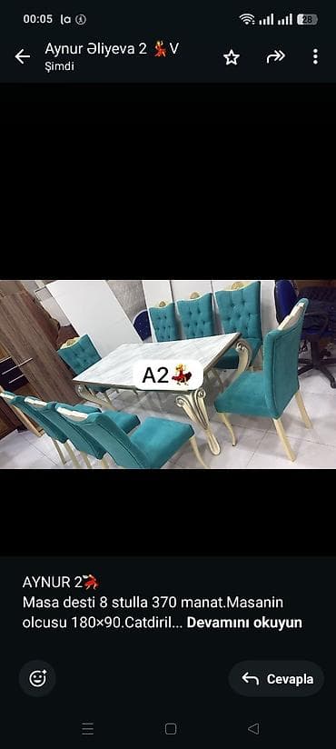 Masalar: AYNUR 2💃 Masa desti 8 stulla 370 manat.Masanin olcusu — 1