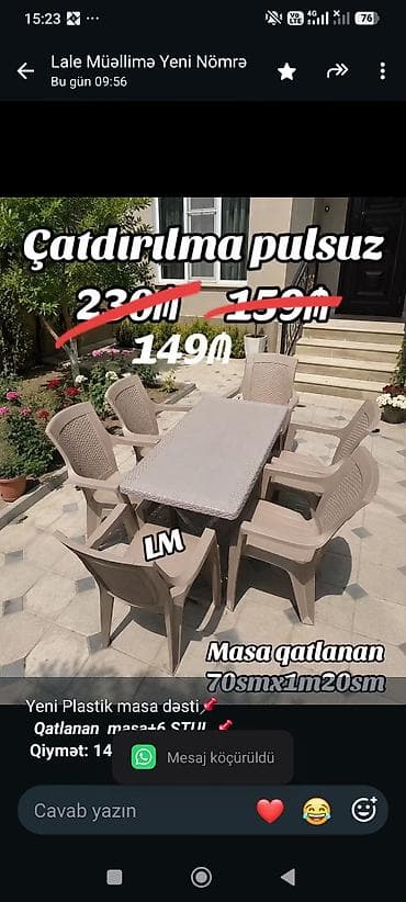 Мебель на заказ: Yeni Plastik masa dəsti📌 _*Qatlanan masa+6 STUL*_ 📌 *Qiymət — 1