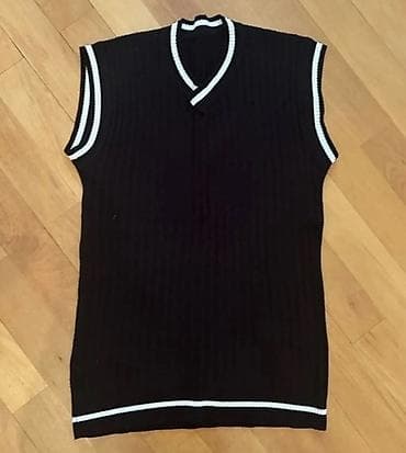 Qolsuz trikotaj sviter/jilet - Rəng: qara, ağ kontrast haşiyələr -