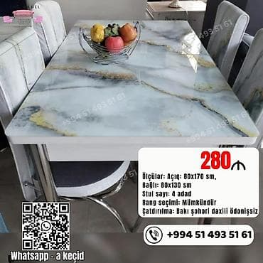 Mətbəx üçün, Yeni, Açılan, Dördbucaq masa, 4 stul