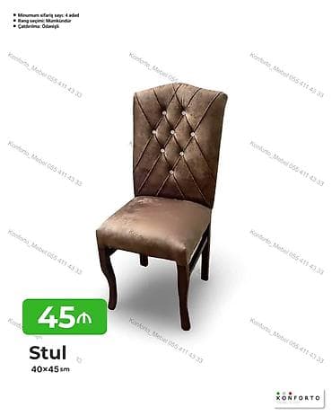kohnə stul: Stul – 40×45 sm • Klassik dizaynlı, yumşaq oturacaq və bel hissəsi — 1