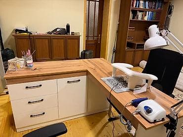 купить маникюрный стол: Угловой стол, С выдвижными ящиками, С полками, Ламинат текстурный, Нет кредита — 1