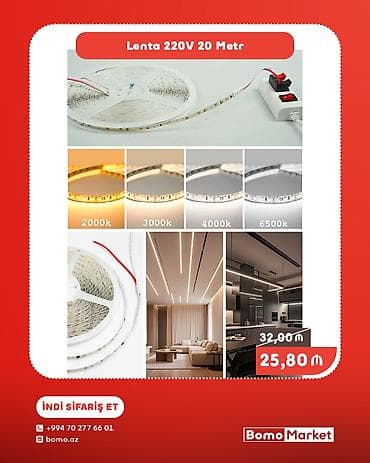 Lenta LED işıq zolağı – 220V, 20 metr - Uzunluq: 20 m rulon -
