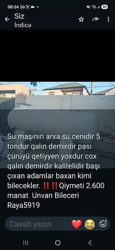 su çeni: Su maşını üçün arxa su çəni – 5 tonluq. Qalın, keyfiyyətli dəmirdən — 1