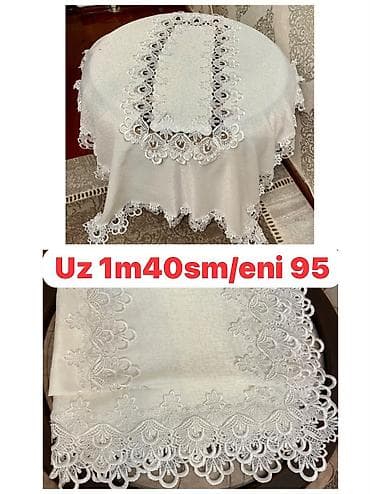bambu tekstil: Ağ rəngli zərif süfrə və yol dəsti - Material: atlas/parça — 1