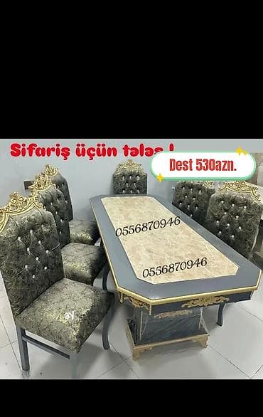 Qonaq otağı üçün, Yeni, Açılmayan, Dördbucaq masa, 6 stul