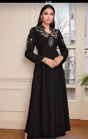 Qadın uzun don – qara rəng, zərli işmələr - Stil: Zərif, maxi — 2