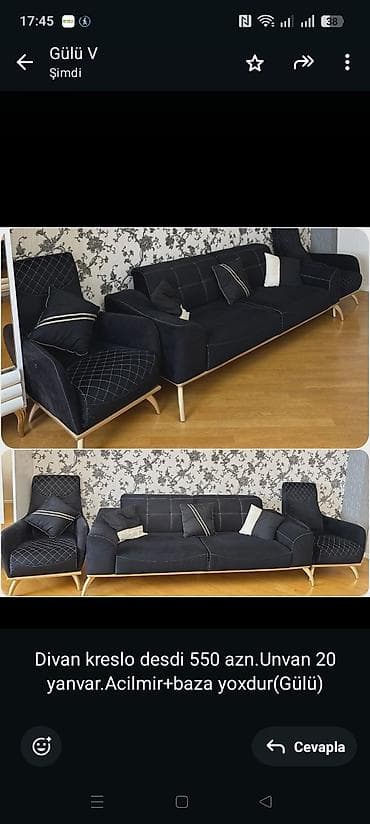 Divan kreslo desdi 550 azn.Unvan 20 yanvar.Acilmir+baza yoxdur(Gülü)