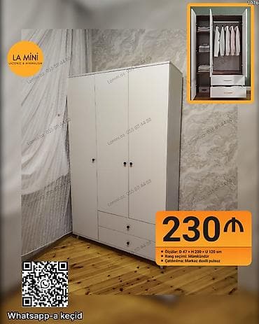 3 qapılı, Siyirməli, Ağ, Açılan, Düz dolab