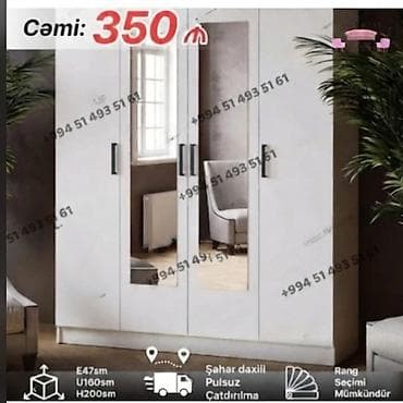 tek kravat: Yeni, 4 qapılı, Güzgülü, Ağ, Açılan, Düz dolab — 1