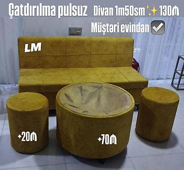 cay evi divan: Sarı süet effektli salon dəsti: - Divan: 1 m 50 sm ölçüdə, sadə xəttli — 1