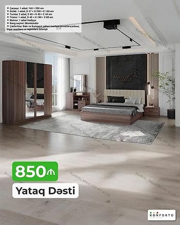 taxta komod: Yataq Dəsti – 850₼ Komplekt tərkibi və ölçülər: - Çarpayı: 1 ədəd — 1