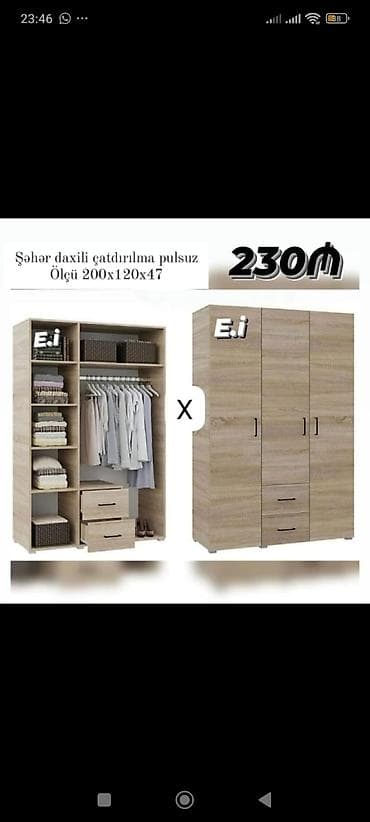 Üç qapılı paltar şkafı – ölçü 200x120x47 sm. Təbii ağac naxışlı