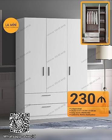 3 qapılı, Siyirməli, Ağ, Açılan, Düz dolab