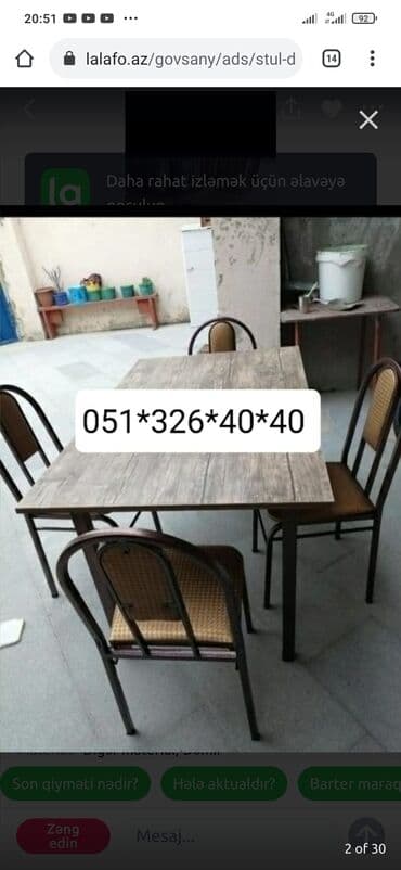 Masa və oturacaq dəstləri: Qonaq otağı üçün, Yeni, Açılan, Dördbucaq masa, 1 stul — 8