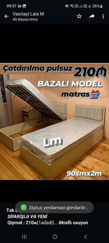 Мебель на заказ: *Tək bazalı çarpayı*👑 _*SİFARİŞLƏ VƏ YENİ*_ *Qiymət : 210₼*(1ədədi) — 1