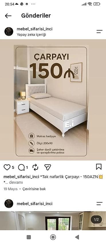 matras olculeri: Tək nəfərlik çarpayı – 150 AZN - Ölçü: 200 x 90 sm - Dizayn: Ağ — 1