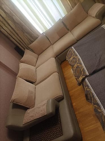 kreditle kunc divanlar: Beşbucaqlı künc divan – yumşaq toxumalı bej oturacaq və yastıqlar — 1