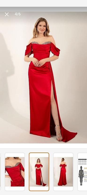Məhsul: Qırmızı axşam geyimi – daşlı dekolte, off-shoulder və dərin — 2