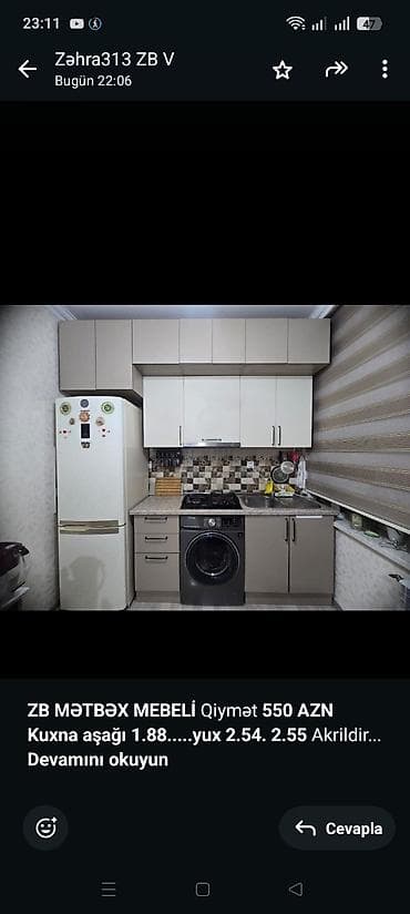 mətbəx çanağı qiyməti: *ZB* *MƏTBƏX MEBELİ* Qiymət *550 AZN* *Kuxna aşağı 1.88. yux 2.54 — 1