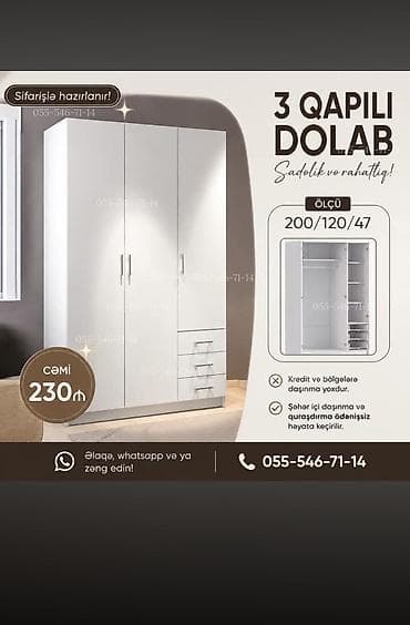 Yeni, 3 qapılı, Siyirməli, Ağ, Açılan, Düz dolab lalafo.az -da Yeni, 3 qapılı, Siyirməli, Ağ, Açılan, Düz dolab