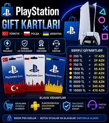 🎮 PlayStation Gift Kartları 🌍 🇹🇷 Türkiyə • 🇵🇱 Polşa • 🇺🇦 Ukrayna ⚡