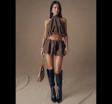 Qadın dəst – şokolad rəngi, 2 hissəli - Stil: mini ətək-şort — 2