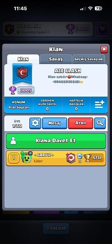 Clash Royale oyunu üçün “AZE CLASH” klanı satılır. - Klan adı: AZE — 1