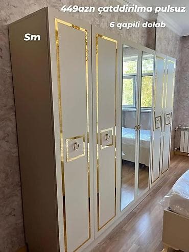 6 qapılı paltar dolabı - Rəng: krem-ağ korpus, qızılı haşiyələr - Ön