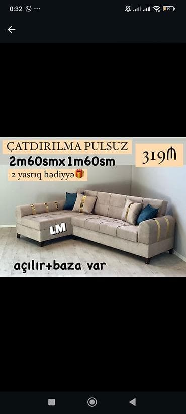 Divan və masa dəstləri: Künc divan dəsti - Ölçü: 2 m 60 sm x 1 m 60 sm - Açılır mexanizmli — 1