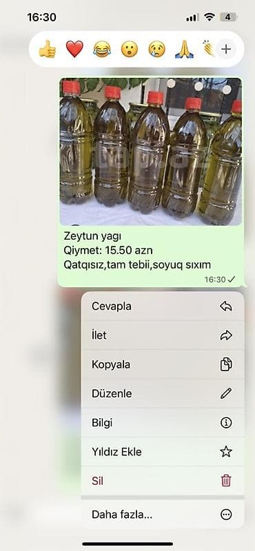 patchi qiyməti: Məhsul: Zeytun yağı - Qatqısız, tam təbii, soyuq sıxım - Şüşə/plastik — 1