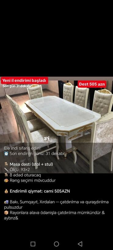 Masa və oturacaq dəstləri: Qonaq otağı üçün, Yeni, Açılmayan, Dördbucaq masa, 6 stul — 5