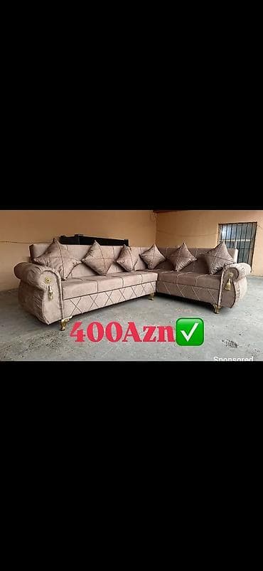 kunc divani: 2 ədəd yumşaq mebel dəsti – künc və düz divan - Rəng: bej/qəhvəyi — 1