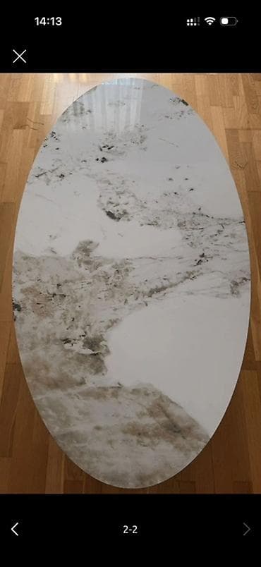 masa mebel: Oval formalı mərmər üstlü salon masası - Üst hissə: ağ fonlu, təbii — 2