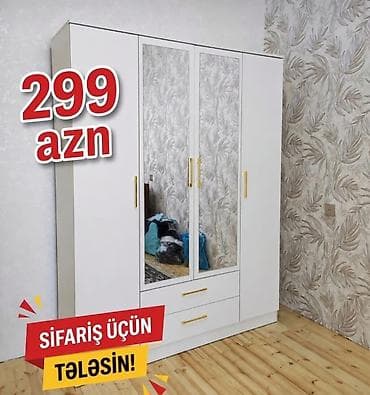 kitab rəfi: Ağ rəngdə, güzgülü qarderob şkaf - 3 qapılı dizayn: orta hissədə 2 — 1