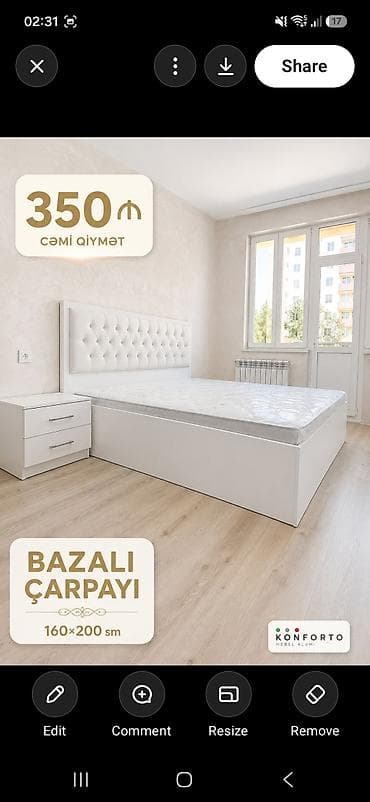 Bazalı çarpayı – 160×200 sm - Rəng: ağ - Yumşaq, düyməli başlıq