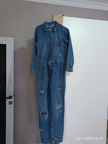 qode qadın ətəkləri: Denim kombinezon - Material: klassik mavi denim - Model: uzunqol, düz — 3