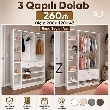 Yeni, 3 qapılı, Siyirməli, Rəngli, Açılan, Düz dolab