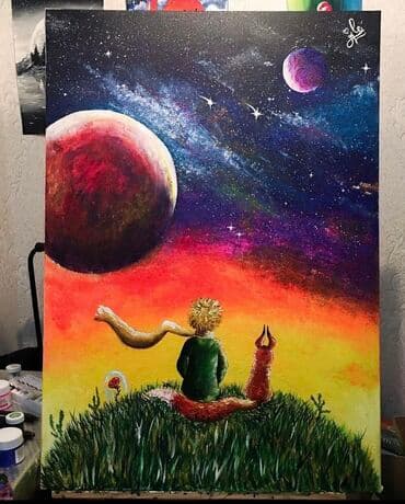 mars resmi: Kichik prens Le petit prince Akril boya ile tebii ketan uzerinde — 1