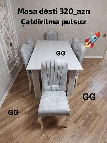 stolllar: Qonaq otağı üçün, Yeni, Açılmayan, Dördbucaq masa, 6 stul — 3