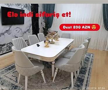 Qonaq otağı üçün, Yeni, Açılan, Dördbucaq masa, 8 stul