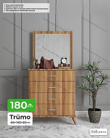 taxta komod: Trümo – 40×180×80 sm - Dizayn: Ayna ilə komplekt, 4 geniş çekmece — 1