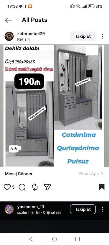 stuldan: Dehliz dolabı – giriş üçün praktiki və estetik həll. Ölçü: 195x95x35 — 1