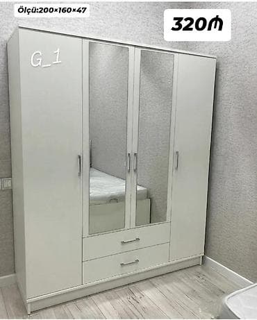 Ağ rəngli 4 qapılı paltar şkafı. Ölçü: 200 × 160 × 47 sm (şəkildə
