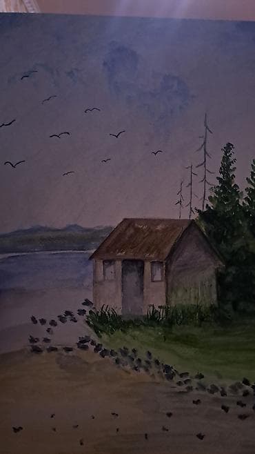 ucuz tablo: Akvarel tablo – göl kənarında ev mənzərəsi Əl işi akvarel rəsm əsəri — 2
