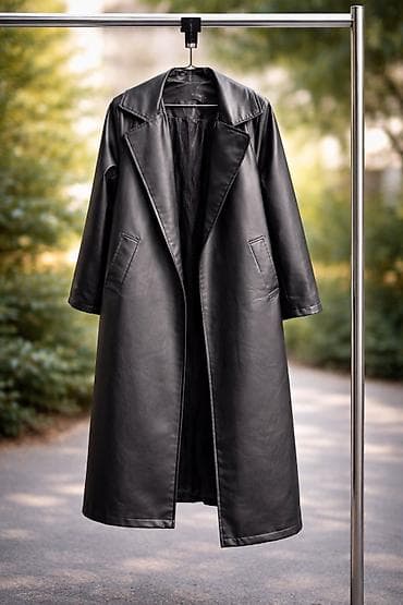smart saat honor: Qadın üst geyimləri dəsti - Uzun qara dəri palto: klassik düz kəsim — 1